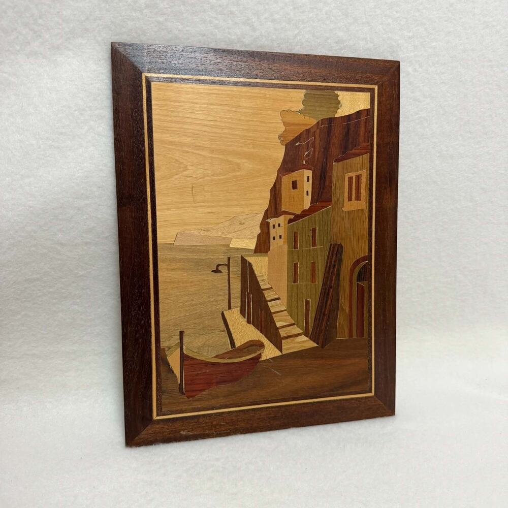 Wooden Italian Marquetry Inlaid Picture VTG Coastal Seaside Village Art Decor